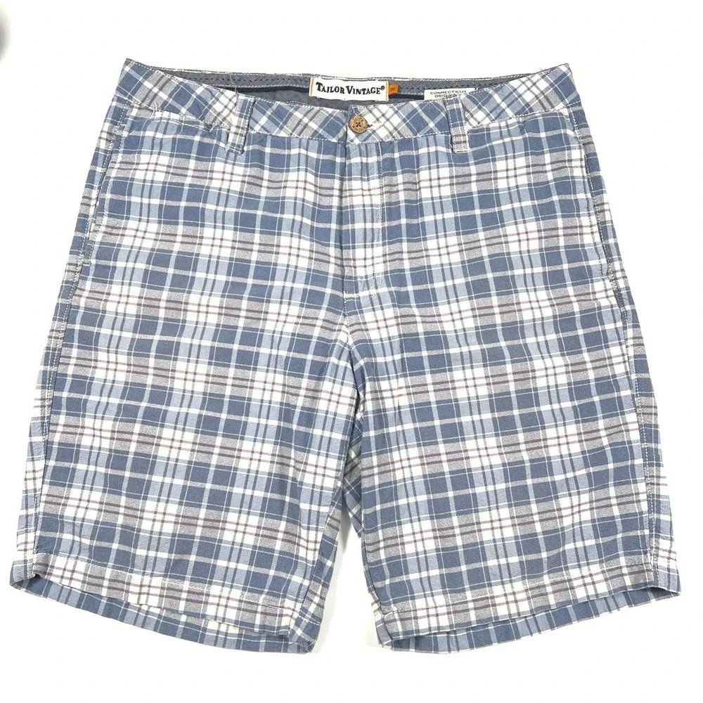 Tailor Vintage Mens Blue Plaid Shorts 36 Connecticut Originals Cotton Chino EUC